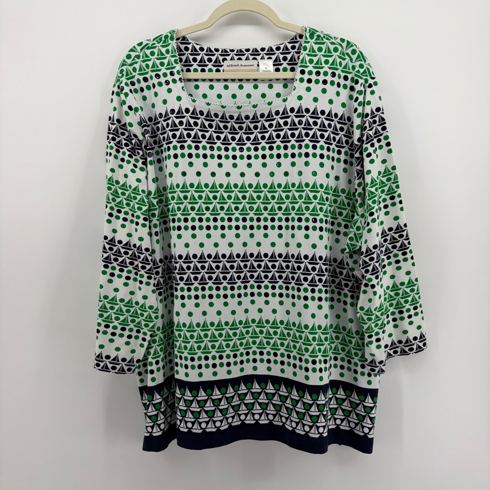 Alfred Dunner Womens 3X Green Nautical Sailboat Sequin Scoop Neck 3/4 Sleeve Top